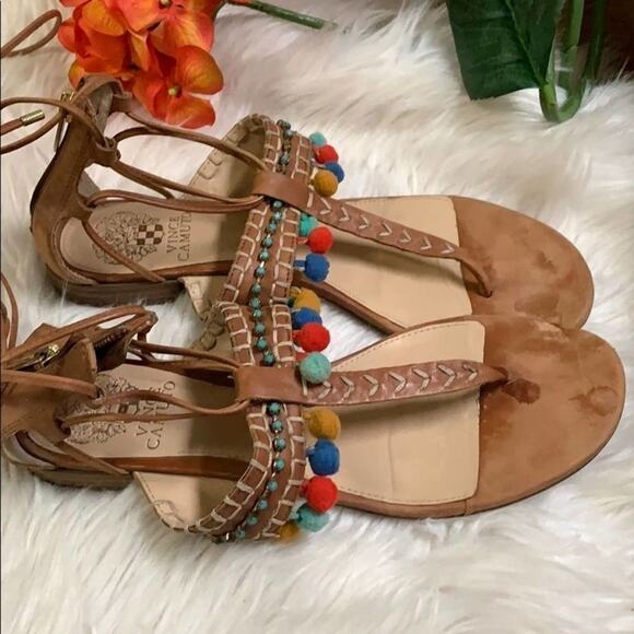 VINCE CAMUTO LEATHER POM POM LACE UP SANDA… - Picture 8 of 8